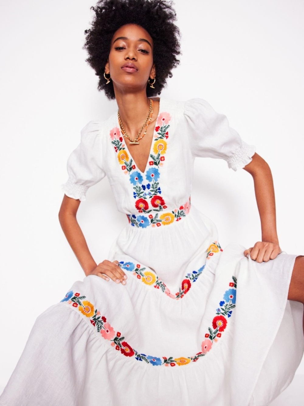 Boden White Embroidered Floral Midi Dress Size 8P Petite